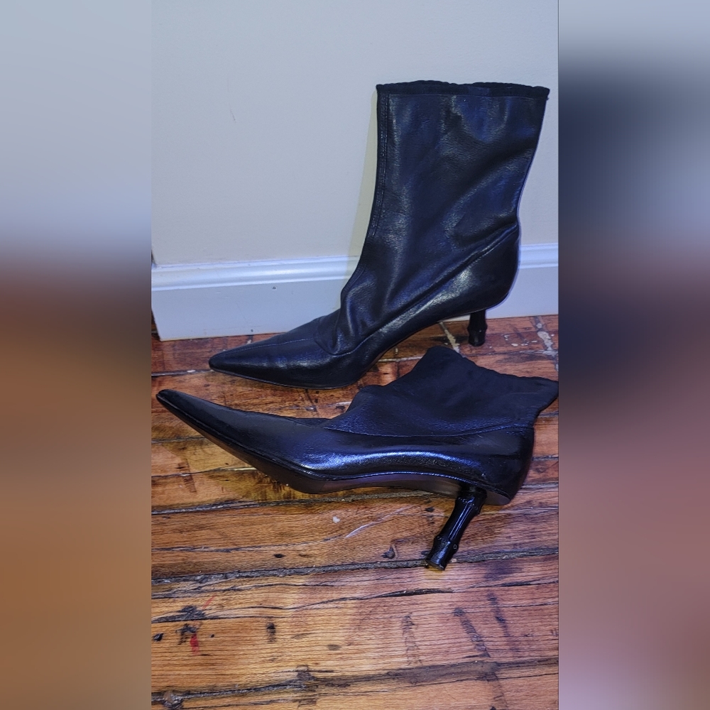 Gucci Black stretch leather bamboo heel booties 41